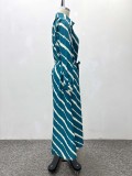 Plus Size African Women Long-Sleeved Diagonal Striped Maxi Dress
