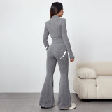 Women Autumn/Winter Zipper Long-Sleeve Jacket and Bell Bottom Pants Yoga Two-Piece Set