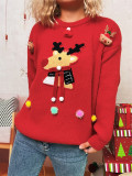 Women Christmas Patchwork Cartoon Deer Knitting Round Neck Sweater