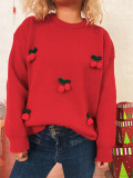Women Christmas Cherry Round Neck Casual Sweaters