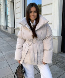 Women Long-Sleeved Tie-Waist Solid Autumn/Winter Padding Coat