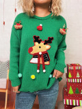Women Christmas Patchwork Cartoon Deer Knitting Round Neck Sweater