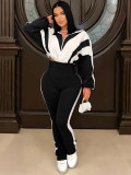 Plus Size Women Color Block Patchwork Jacket and Casual Pants Two-Piece Set