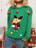 Women Christmas Patchwork Cartoon Deer Knitting Round Neck Sweater