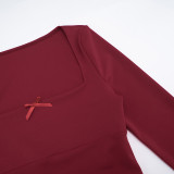 Women Autumn/Winter Casual Square Neck Long-Sleeved Top and Shorts Two-Piece Set