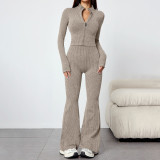 Women Autumn/Winter Zipper Long-Sleeve Jacket and Bell Bottom Pants Yoga Two-Piece Set