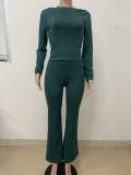 Women Autumn Solid Long-Sleeved Top and Pants Two-Piece Set