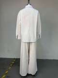 Women Autumn Turndown Collar White Long-Sleeve Shirt and Wide-Leg Pants Two-Piece Set