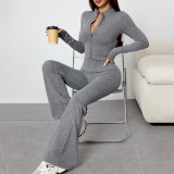 Women Autumn/Winter Zipper Long-Sleeve Jacket and Bell Bottom Pants Yoga Two-Piece Set