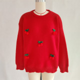 Women Christmas Cherry Round Neck Casual Sweaters