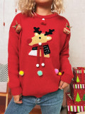 Women Christmas Patchwork Cartoon Deer Knitting Round Neck Sweater
