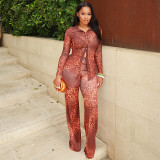 Women Button Leopard Print Top and Pant Two-Piece Set