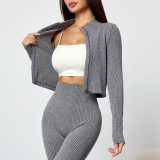 Women Autumn/Winter Zipper Long-Sleeve Jacket and Bell Bottom Pants Yoga Two-Piece Set