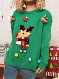 Women Christmas Patchwork Cartoon Deer Knitting Round Neck Sweater