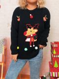 Women Christmas Patchwork Cartoon Deer Knitting Round Neck Sweater