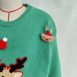 Women Christmas Patchwork Cartoon Deer Knitting Round Neck Sweater
