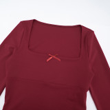 Women Autumn/Winter Casual Square Neck Long-Sleeved Top and Shorts Two-Piece Set