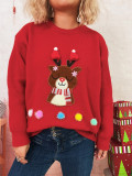 Women Christmas Cartoon Deer Round Neck Casual Sweater