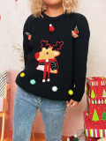 Women Christmas Patchwork Cartoon Deer Knitting Round Neck Sweater