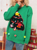 Women Color-blocked Casual Round Neck Christmas Tree Sweater