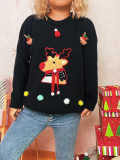 Women Christmas Patchwork Cartoon Deer Knitting Round Neck Sweater