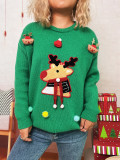 Women Christmas Patchwork Cartoon Deer Knitting Round Neck Sweater
