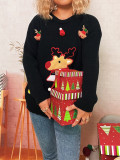 Women Christmas Patchwork Cartoon Deer Knitting Round Neck Sweater