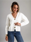 Women Autumn/Winter Large Button V-neck Short Knitting Solid Outerwear Sweater