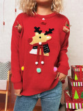 Women Christmas Patchwork Cartoon Deer Knitting Round Neck Sweater