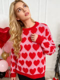 Women Color Block Heart Print Valentine's Day Sweater
