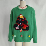 Women Color-blocked Casual Round Neck Christmas Tree Sweater