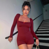 Women Autumn/Winter Casual Square Neck Long-Sleeved Top and Shorts Two-Piece Set