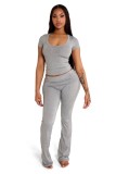 Women Solid Sexy Short-Sleeve Top and Pants Yoga Two-Piece Set