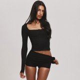 Women Autumn/Winter Casual Square Neck Long-Sleeved Top and Shorts Two-Piece Set