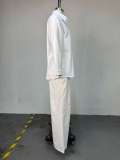 Women Autumn Turndown Collar White Long-Sleeve Shirt and Wide-Leg Pants Two-Piece Set
