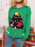 Women Color-blocked Casual Round Neck Christmas Tree Sweater