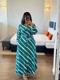 Plus Size African Women Long-Sleeved Diagonal Striped Maxi Dress