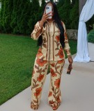 Plus Size African Women Turndown Collar Print Long-Sleeved Shirt and Wide-Leg Pant Two-Piece Set