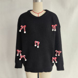 Women Christmas Round Neck Patchwork Bow Sweater