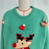 Women Christmas Patchwork Cartoon Deer Knitting Round Neck Sweater