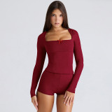 Women Autumn/Winter Casual Square Neck Long-Sleeved Top and Shorts Two-Piece Set