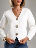 Women Autumn/Winter Large Button V-neck Short Knitting Solid Outerwear Sweater