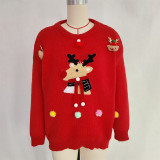 Women Christmas Patchwork Cartoon Deer Knitting Round Neck Sweater