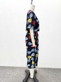 Plus Size Women Casual Print V-Neck Shirt and Capri Pants Two-Piece Set