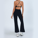 Women's Yoga Set Contrast Cross Back  Tank Top & High-Waist Quick-Dry White Stripe Bell Bottom Pants