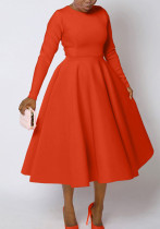 Women's Autumn & Winter Chic Elegant Solid Round Neck Long-Sleeve A-line Flared Maxi Dress