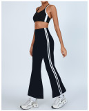 Women's Yoga Set Contrast Cross Back  Tank Top & High-Waist Quick-Dry White Stripe Bell Bottom Pants