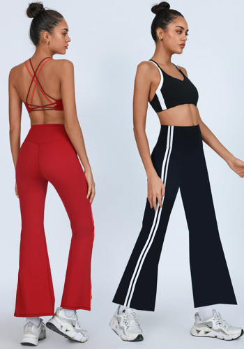Women's Yoga Set Contrast Cross Back  Tank Top & High-Waist Quick-Dry White Stripe Bell Bottom Pants