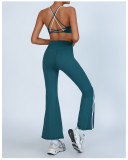 Women's Yoga Set Contrast Cross Back  Tank Top & High-Waist Quick-Dry White Stripe Bell Bottom Pants