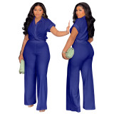 Women's Summer Plus Size Solid Short-Sleeve Shirt & High-Waist Casual Pants Two-Piece Set